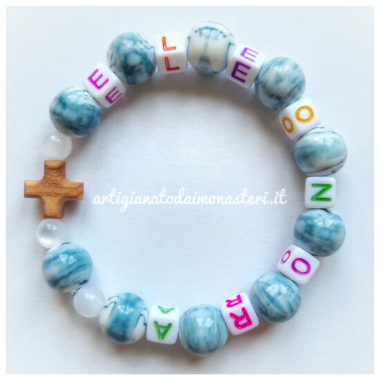 Bracciale Rosario elastico con Nome + Perle Azzurre e Bianche