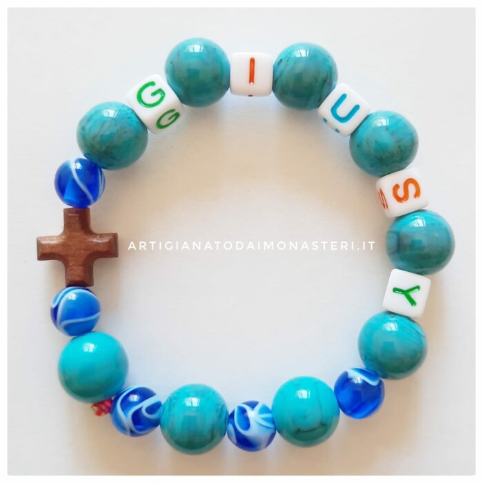 Bracciale Rosario elastico con Nome + Perle Turchesi e Blu